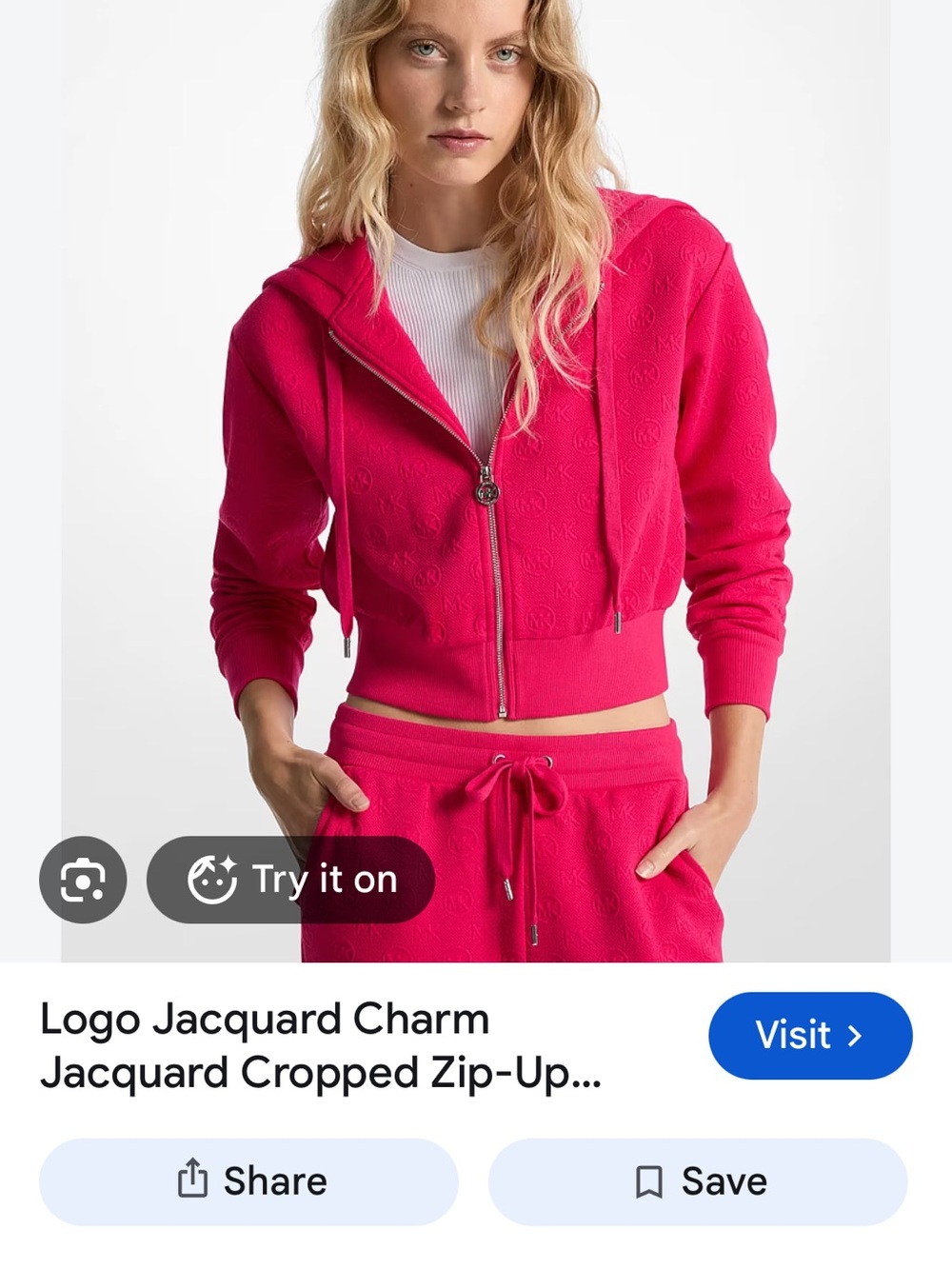 MICHAEL Michael Kors Hot Pink Logo Jacquard Cropped Zip-Up Hoodie